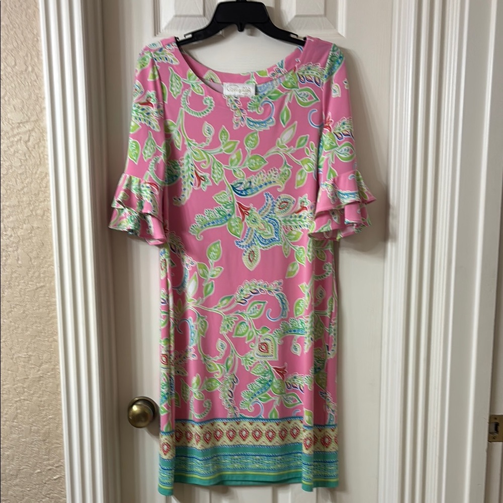 Pappagallo Pink Green Bell Sleeve Tiered Sundress
